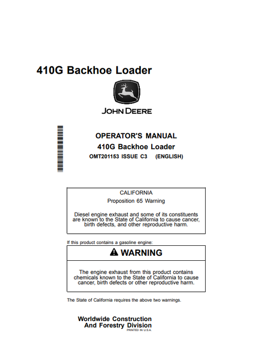 JOHN DEERE 410G BACKHOE LOADER OPERATOR MANUAL OMT201153