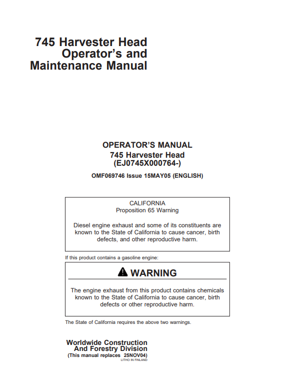 JOHN DEERE 745 HARVESTER HEAD OPERATOR AND MAINTENANCE MANUAL OMF069746