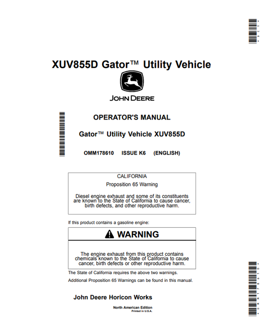 JOHN DEERE XUV855D GATOR™ UTILITY VEHICLE OPERATOR MANUAL OMM178610