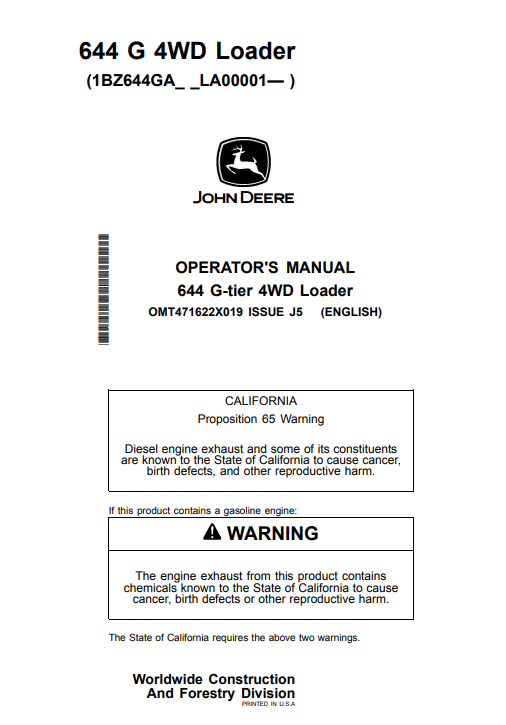 JOHN DEERE 644 G-TIER 4WD LOADER OPERATOR MANUAL OMT471622X019