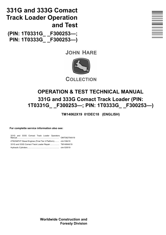 JOHN DEERE 331G, 333G COMPACT TRACK LOADER OPERATION AND TEST TECHNICAL MANUAL TM14062X19