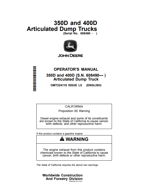 JOHN DEERE 350D AND 400D ARTICULATED DUMP TRUCK OPERATOR MANUAL OMT224118