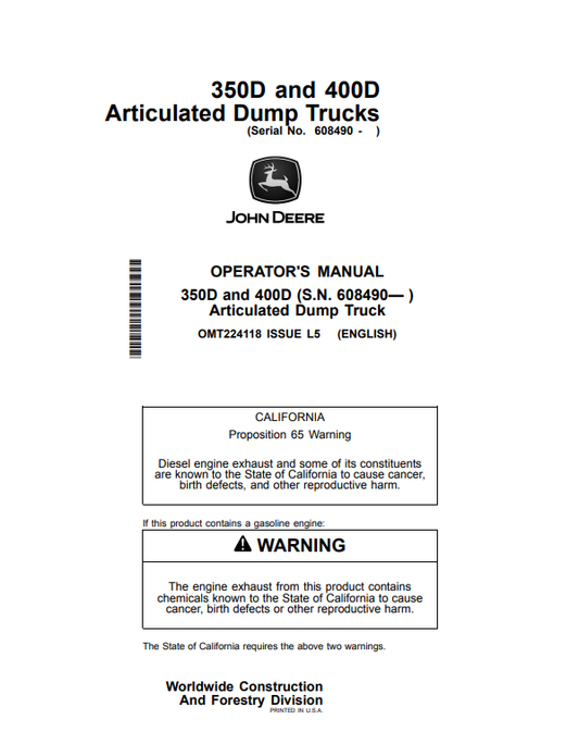 JOHN DEERE 350D AND 400D ARTICULATED DUMP TRUCK OPERATOR MANUAL OMT224118