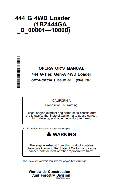 JOHN DEERE 444 G-TIER, GEN-A 4WD LOADER OPERATOR MANUAL OMT440975X019