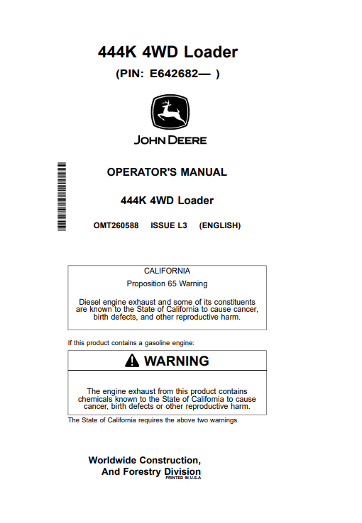 JOHN DEERE 444K 4WD LOADER OPERATOR MANUAL OMT260588