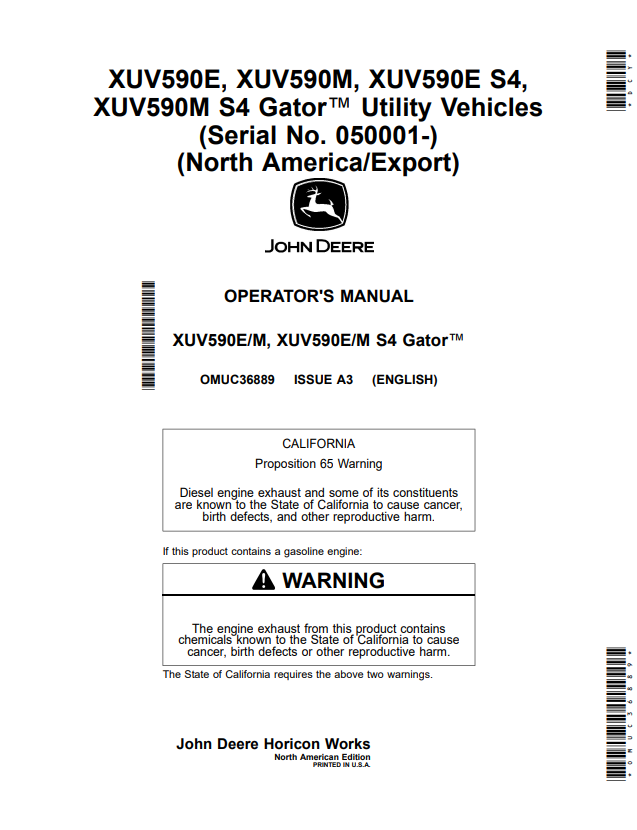 JOHN DEERE XUV590E, XUV590M, XUV590E S4, XUV590M S4 GATOR™ UTILITY VEHICLES OPERATOR MANUAL OMUC36889