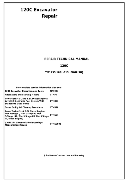 JOHN DEERE 120C EXCAVATOR REPAIR TECHNICAL MANUAL TM1935