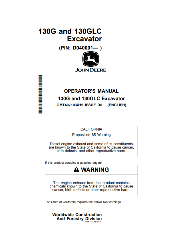 JOHN DEERE 130G AND 130GLC EXCAVATOR OPERATOR MANUAL OMT407103X19