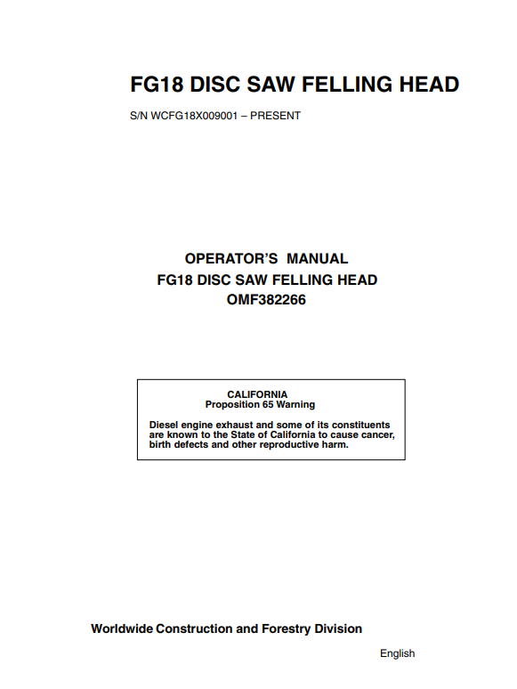 JOHN DEERE FG18 DISC SAW FELLING HEAD OPERATOR MANUAL OMF382266