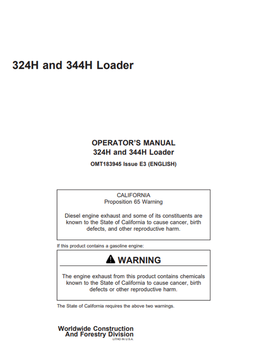 JOHN DEERE 324H AND 344H LOADER OPERATOR MANUAL OMT183945