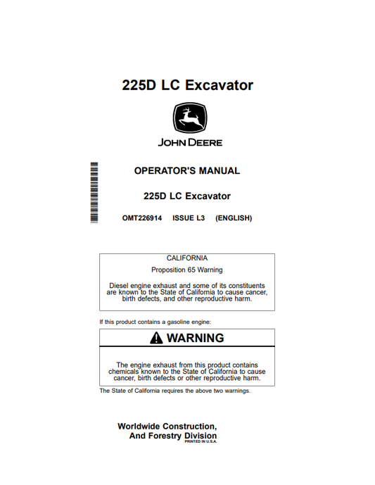 JOHN DEERE 225D LC EXCAVATOR OPERATOR MANUAL OMT226914