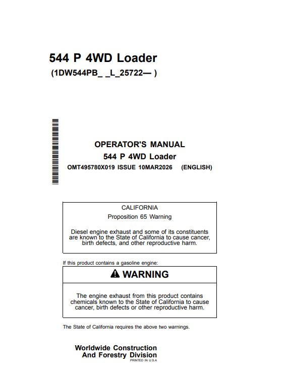 JOHN DEERE 544 P 4WD LOADER OPERATOR MANUAL OMT495780X019
