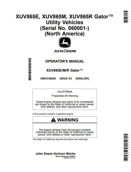 JOHN DEERE XUV865E, XUV865M, XUV865R GATOR™ UTILITY VEHICLES OPERATOR MANUAL OMUC36830