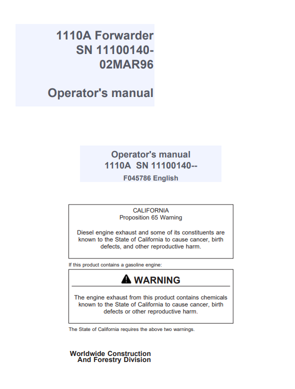 JOHN DEERE 1110A FORWARDER OPERATOR MANUAL F045786