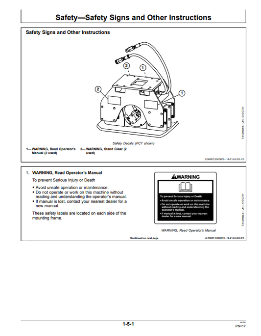 JOHN DEERE PC4, PC7, AND PC10 PLATE COMPACTOR OPERATOR MANUAL OMT405711X19
