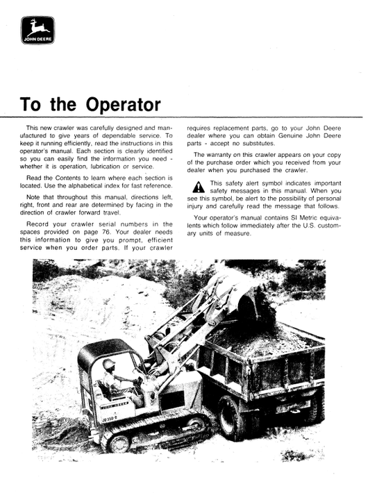 JOHN DEERE 350B CRAWLER OPERATOR MANUAL OMT46859