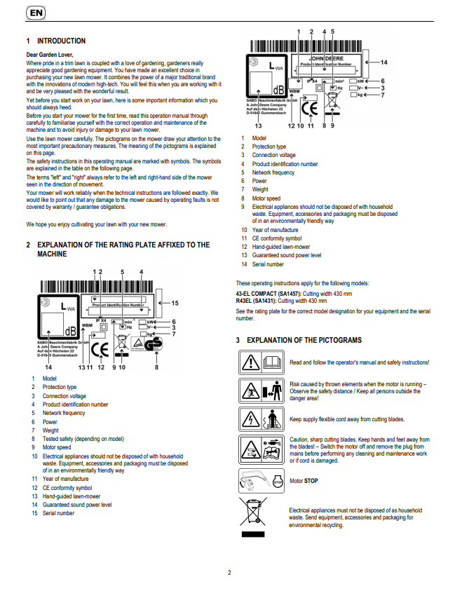 JOHN DEERE 43-EL COMPACT, R43EL LAWN MOWERS OPERATOR MANUAL SAU14734