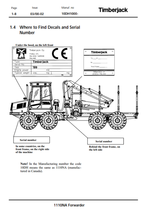 JOHN DEERE 1110NA FORWARDER OPERATOR MANUAL F059888