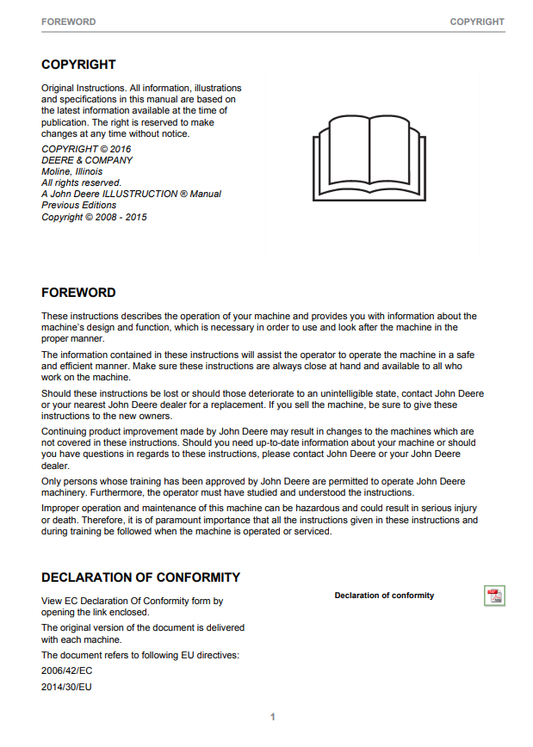 JOHN DEERE 1270G FINAL TIER 4 CTL HARVESTER OPERATOR INSTRUCTION MANUAL F690005