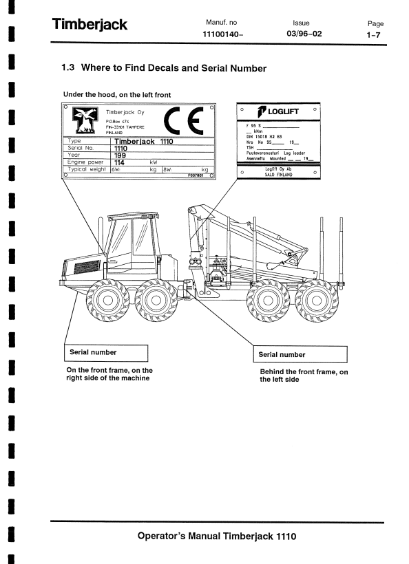 JOHN DEERE 1110A FORWARDER OPERATOR MANUAL F045786