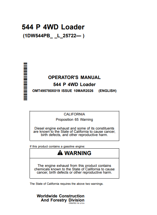 JOHN DEERE 544 P 4WD LOADER OPERATOR MANUAL OMT495780X019