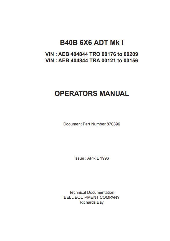 JOHN DEERE B40B MK I ARTICULATED DUMP TRUCK OPERATOR MANUAL OMT870896