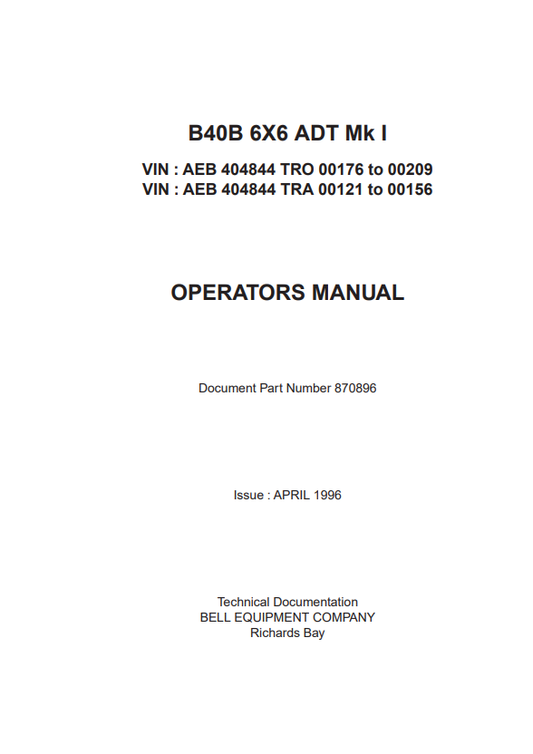 JOHN DEERE B40B MK I ARTICULATED DUMP TRUCK OPERATOR MANUAL OMT870896