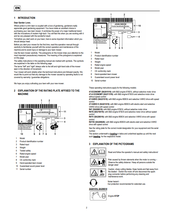 JOHN DEERE 47-ECONOMY, 47-A ECONOMY, 47-VARIO, 47-VARIO E, R47, R47S, R47V, R47VE LAWN MOWERS OPERATOR MANUAL SAU16797