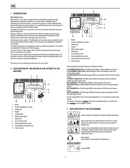 JOHN DEERE 47-ECONOMY, 47-A ECONOMY, 47-VARIO, 47-VARIO E, R47, R47S, R47V, R47VE LAWN MOWERS OPERATOR MANUAL SAU16797