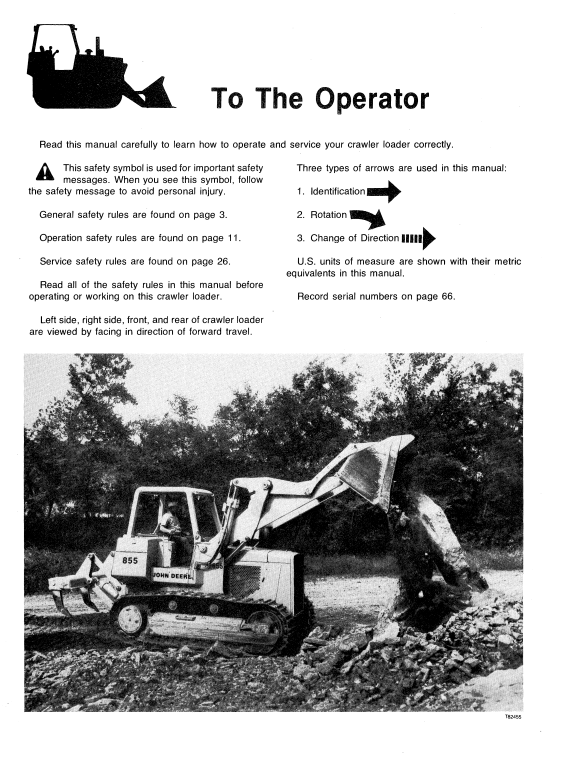 JOHN DEERE 855 BCRAWLER LOADER OPERATOR MANUAL OMT74016