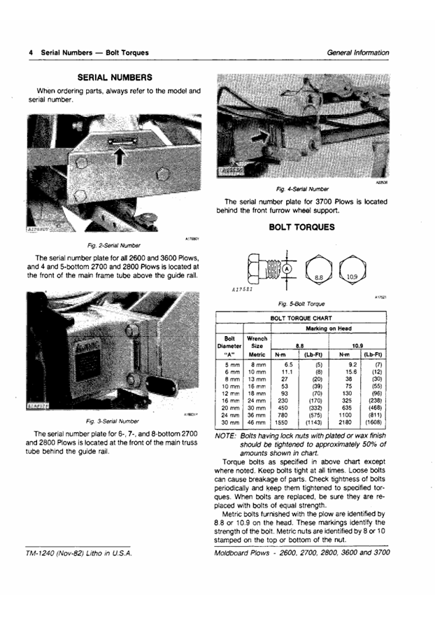 JOHN DEERE 2600, 2700 AND 2800 SEMI-INTEGRAL 3600 AND 3700 DRAWN MOLDBOARD PLOWS TECHNICAL MANUAL TM1240
