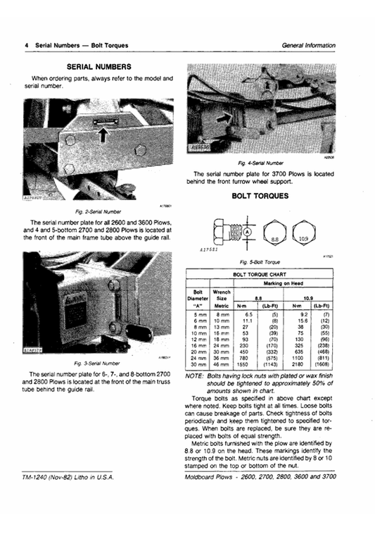 JOHN DEERE 2600, 2700 AND 2800 SEMI-INTEGRAL 3600 AND 3700 DRAWN MOLDBOARD PLOWS TECHNICAL MANUAL TM1240