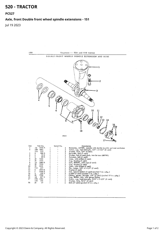 JOHN DEERE 520, 530 SERIES TRACTOR PARTS CATALOG MANUAL PC527