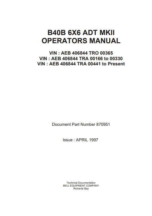 JOHN DEERE B40B MK II ARTICULATED DUMP TRUCK OPERATOR MANUAL OMT870951