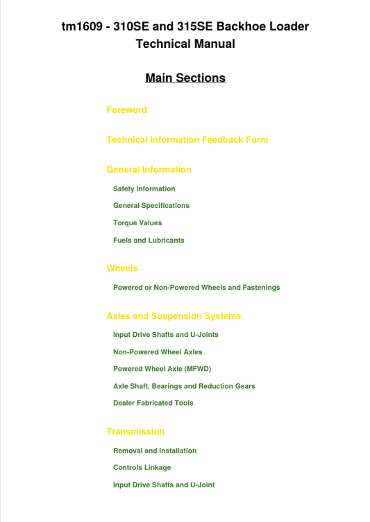 JOHN DEERE 310SE AND 315SE BACKHOE LOADER TECHNICAL MANUAL TM1609