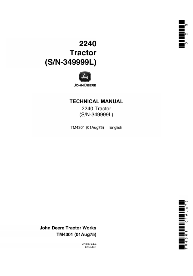 JOHN DEERE 2240 TRACTOR TECHNICAL MANUAL TM4301