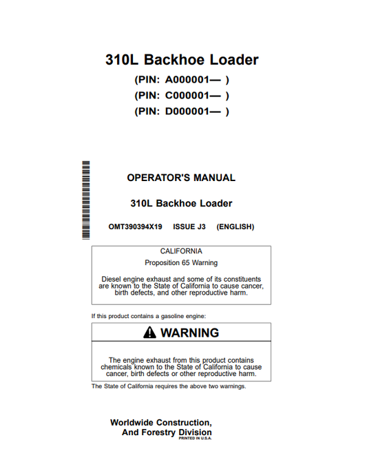 JOHN DEERE 310L BACKHOE LOADER OPERATOR MANUAL OMT390394X19