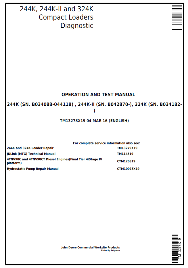 TM13278X19 - JOHN DEERE 244K, 244K-II AND 324K COMPACT LOADER DIAGNOSTIC OPERATION AND TEST MANUAL