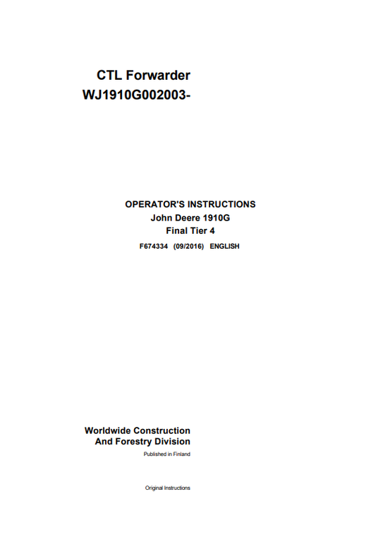 JOHN DEERE 1910G FINAL TIER 4 OPERATOR MANUAL F674334