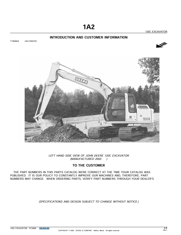 JOHN DEERE 120C EXCAVATOR PARTS CATALOG MANUAL PC2899