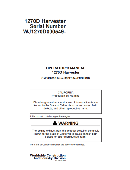 JOHN DEERE 1270D HARVESTER OPERATOR MANUAL OMF066998
