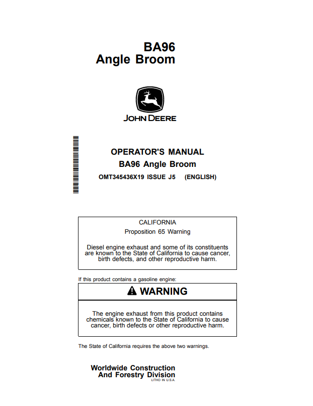 JOHN DEERE BA96 ANGLE BROOM OPERATOR MANUAL OMT345436X19