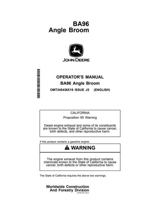 JOHN DEERE BA96 ANGLE BROOM OPERATOR MANUAL OMT345436X19