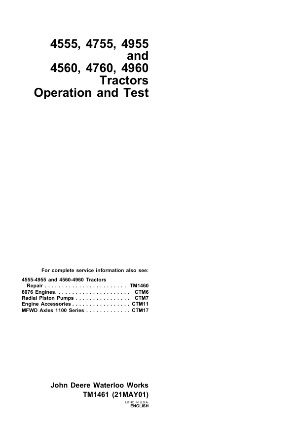 JOHN DEERE 4555, 4755, 4955 AND 4560, 4760, 4960 TRACTOR OPERATION AND TEST MANUAL TM1461