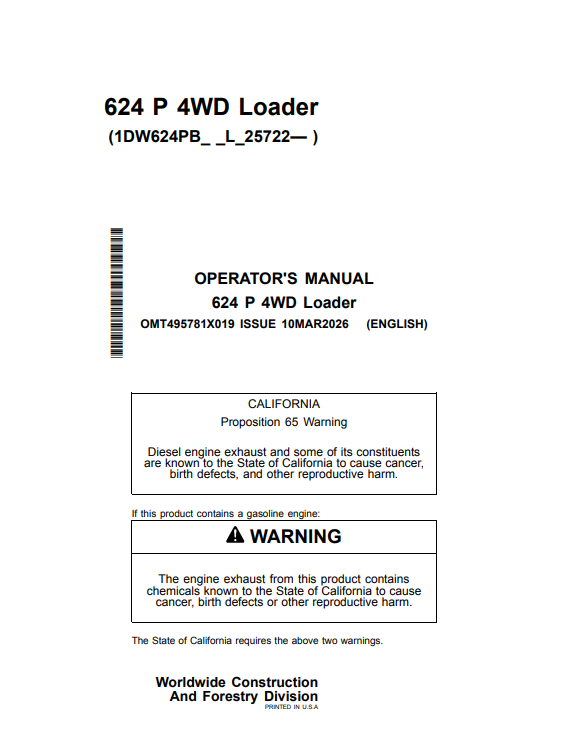 JOHN DEERE 624 P 4WD LOADER OPERATOR MANUAL OMT495781X019