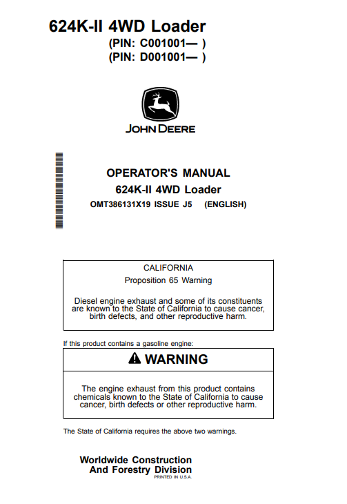 JOHN DEERE 624K-II 4WD LOADER OPERATOR MANUAL OMT386131X19
