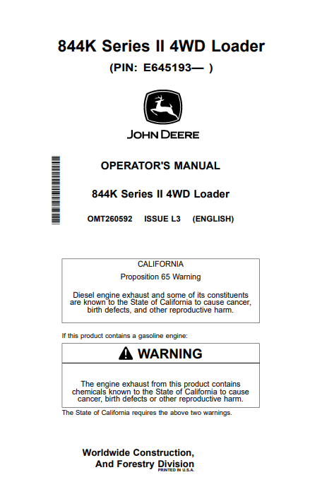 JOHN DEERE 844K SERIES II 4WD LOADER OPERATOR MANUAL OMT260592