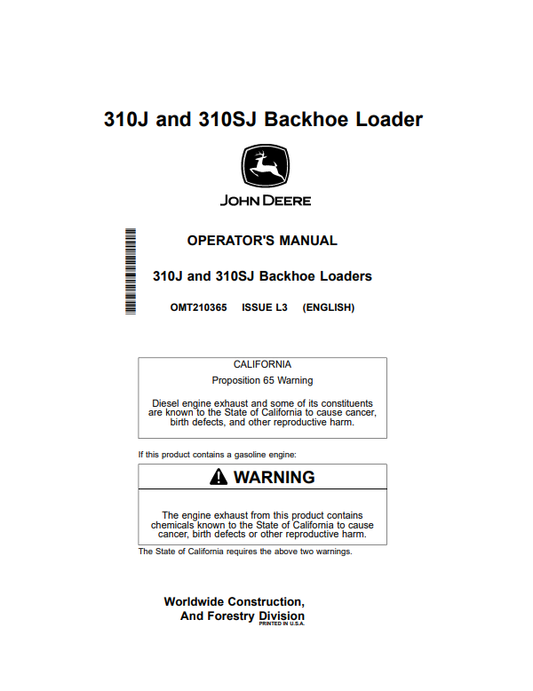 JOHN DEERE 310J AND 310SJ BACKHOE LOADER OPERATOR MANUAL OMT210365