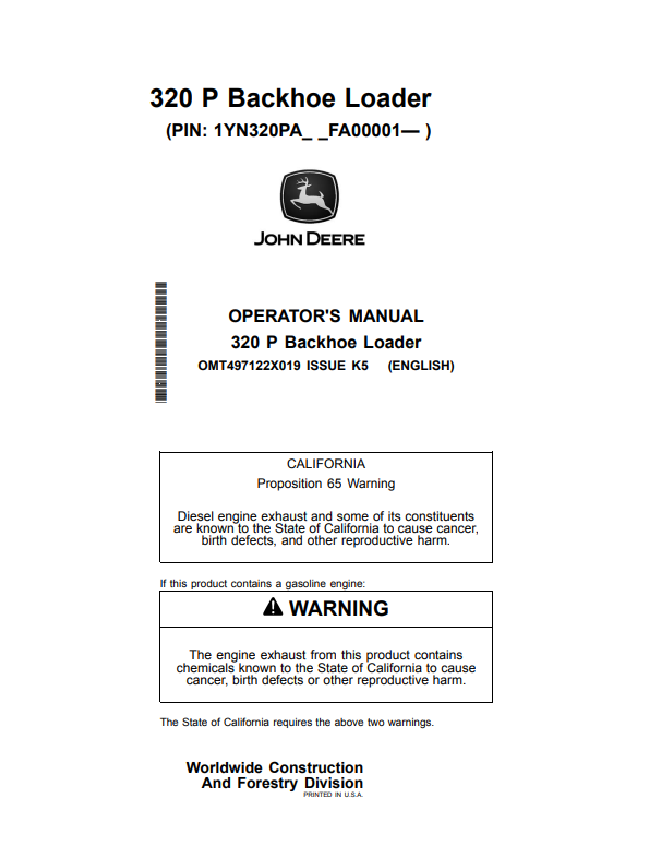 JOHN DEERE 320 P BACKHOE LOADER OPERATOR MANUAL OMT497122X019