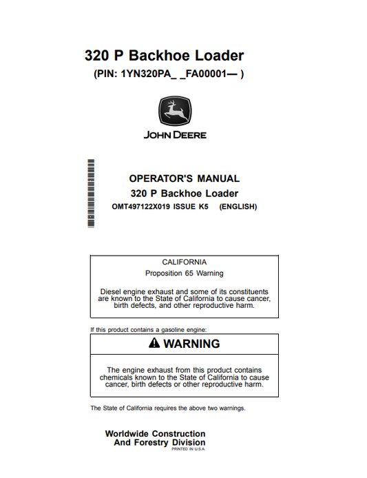 JOHN DEERE 320 P BACKHOE LOADER OPERATOR MANUAL OMT497122X019